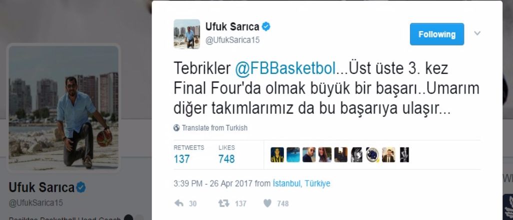 Ufuk Sarıca'dan Fenerbahçe'ye tebrik mesajı