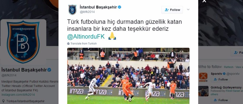 Başakşehir'den Altınordu'ya teşekkür mesajı
