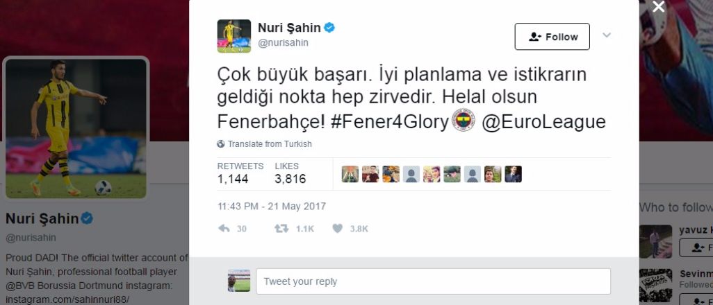 Nuri Şahin Fenerbahçe'yi tebrik etti